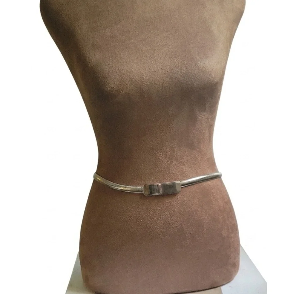 Vintage Silver Metal Snake Chain Stretch Belt Size 26 Minimalist Aesthetic